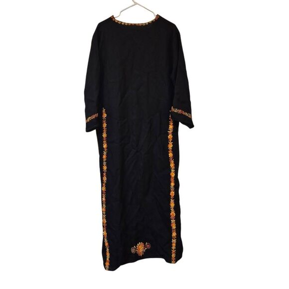 Caftan, Black w Gold & Orange Embroidery Cotton/Poly Textured Tunic Dress NEW w - Picture 7 of 12